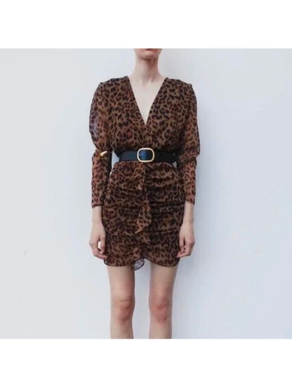 Zara Leopard Print Dial Lined Ruching And Ruffled Long Sleeve Dress Size Medium